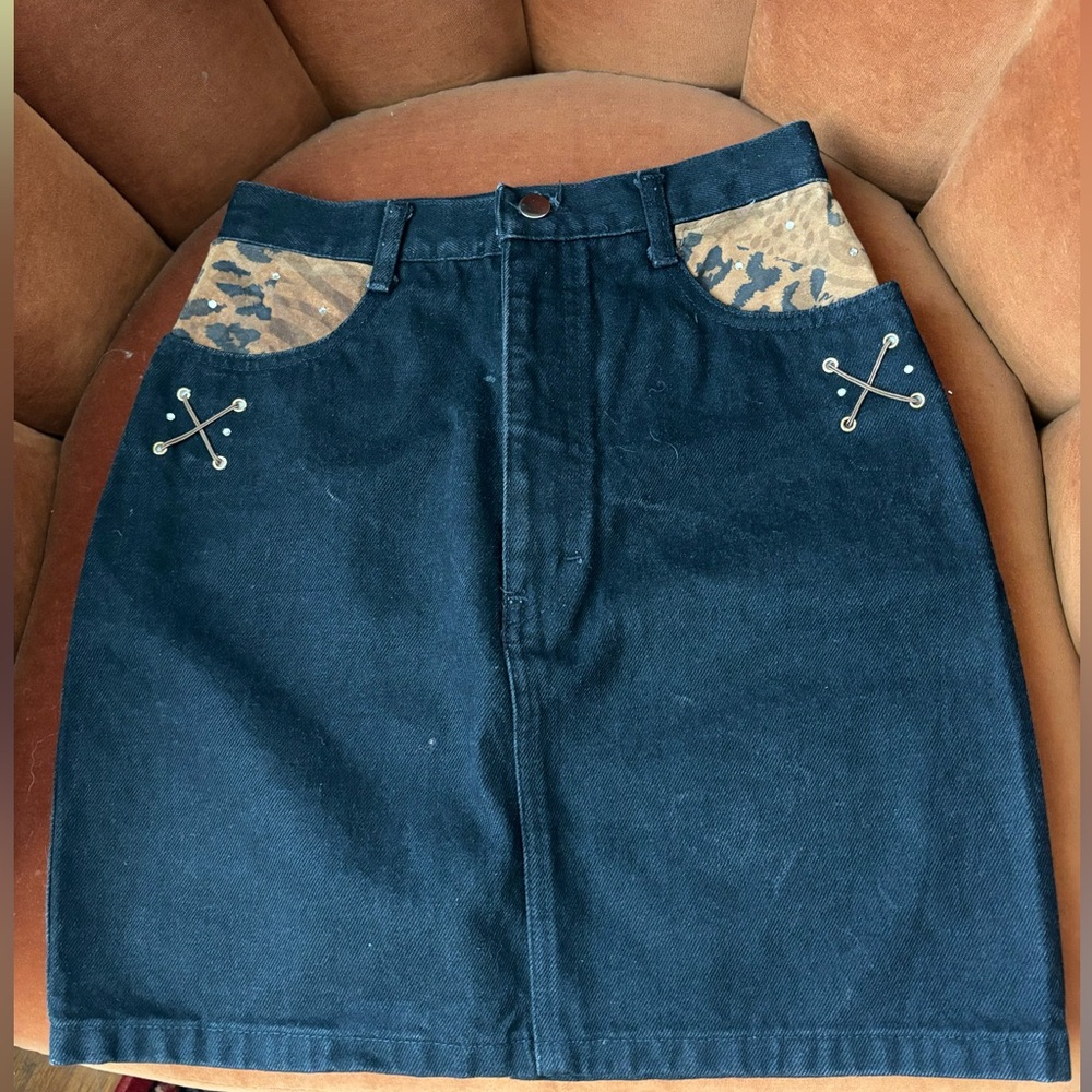 Vintage 90s Black Denim Leopard Crystal Mini Skirt XS
